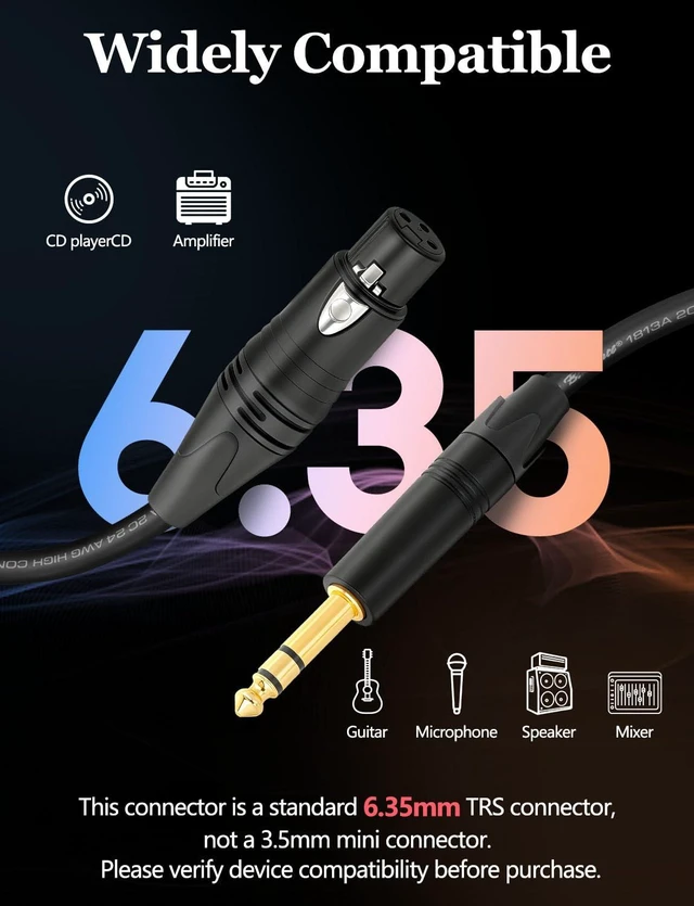 Alt view image 3 of 6 - 6.35mm to XLR Female Stereo Audio Cable 2FT Belden 1813A Shielded Balanced TRS to XLR Cable for Bass Guitar, Microphone, Speaker,Noise-Free Pro Audio 2-Pack