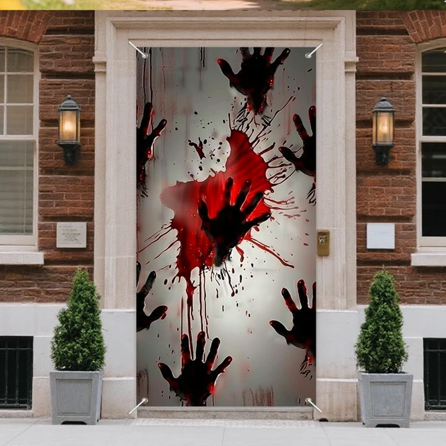 Alt view image 2 of 7 - Halloween Red Handprint Door Door Cover Decorations 35x71 Inch | Distressed White Door Door Banner Porch Backdrop Decor Party Supplies For Indoor Outdoor Red Handprints Theme