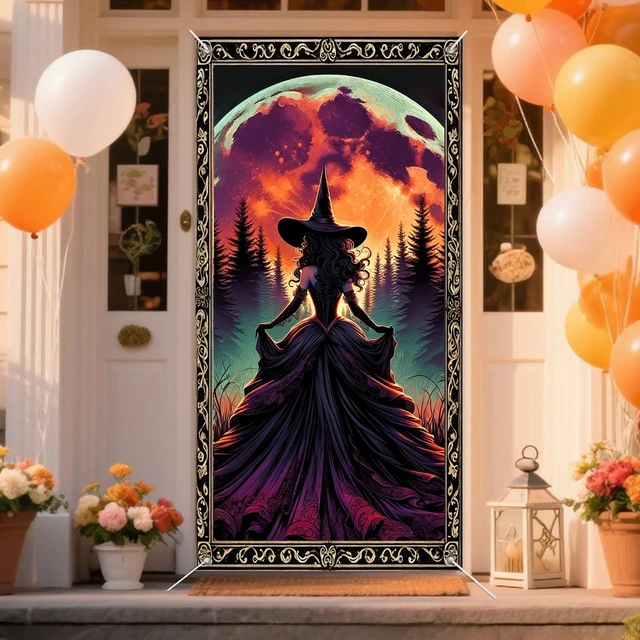 Alt view image 5 of 7 - Halloween Moonlit Witch Door Cover Decorations 35x71 Inch | Flowing Dress Witch Door Banner Porch Backdrop Decor Party Supplies For Indoor Outdoor Orange Moon Theme