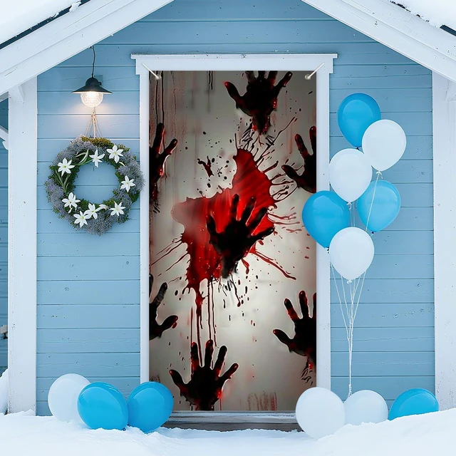 Main image of Halloween Red Handprint Door Door Cover Decorations 35x71 Inch | Distressed White Door Door Banner Porch Backdrop Decor Party Supplies For Indoor Outdoor Red Handprints Theme