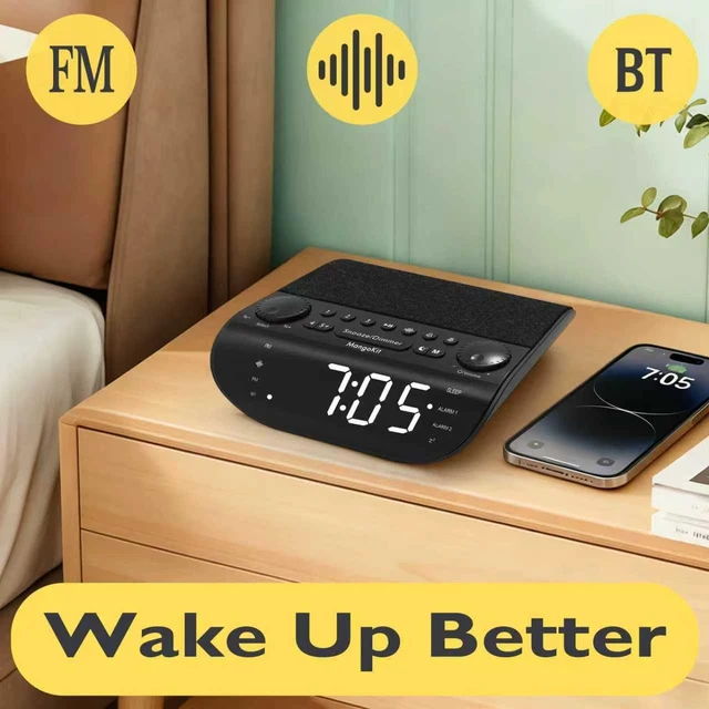 Alt view image 2 of 6 - FM Bedside Radio with Bluetooth 5.3, Dual Alarm Clock for Bedrooms | 90dB Loud Alarm for Heavy Sleepers, Snooze, 9 Natural Sounds, Stereo Speakers, Large Clear Dimmable Display |20 FM Presets