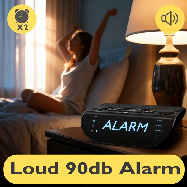 Alt view image 3 of 6 - FM Bedside Radio with Bluetooth 5.3, Dual Alarm Clock for Bedrooms | 90dB Loud Alarm for Heavy Sleepers, Snooze, 9 Natural Sounds, Stereo Speakers, Large Clear Dimmable Display |20 FM Presets