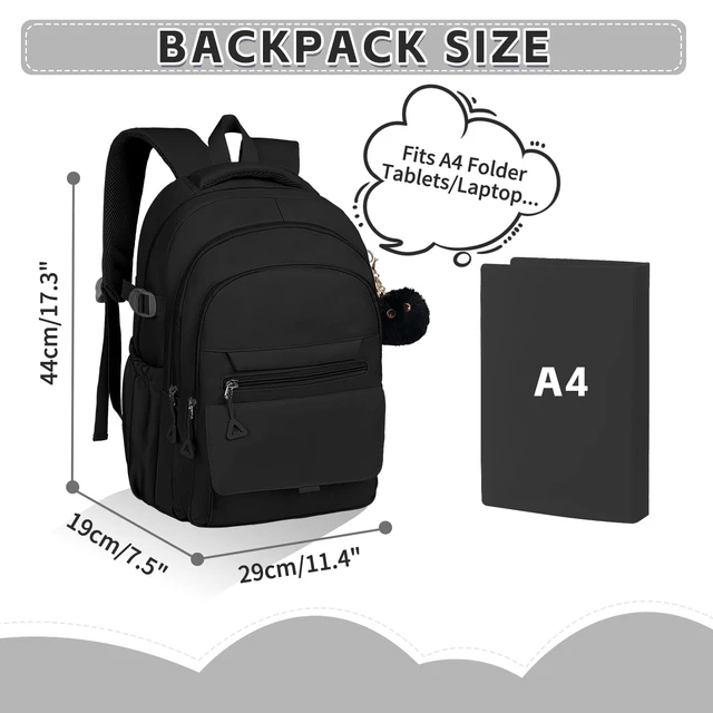 Alt view image 2 of 6 - Teen Girls School Backpack - Lightweight Aesthetic Bookbag, Laptop Sleev | Spacious for A4 & 16" laptop, Black Oxford fabric, Padded straps, Multi-pocket, Side bottle holders for school, travel, work