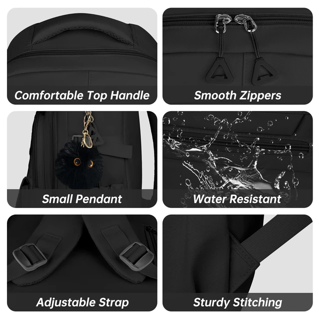 Alt view image 4 of 6 - Teen Girls School Backpack - Lightweight Aesthetic Bookbag, Laptop Sleev | Spacious for A4 & 16" laptop, Black Oxford fabric, Padded straps, Multi-pocket, Side bottle holders for school, travel, work