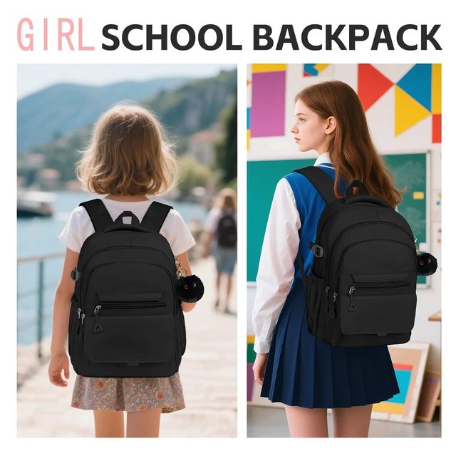 Alt view image 6 of 6 - Teen Girls School Backpack - Lightweight Aesthetic Bookbag, Laptop Sleev | Spacious for A4 & 16" laptop, Black Oxford fabric, Padded straps, Multi-pocket, Side bottle holders for school, travel, work