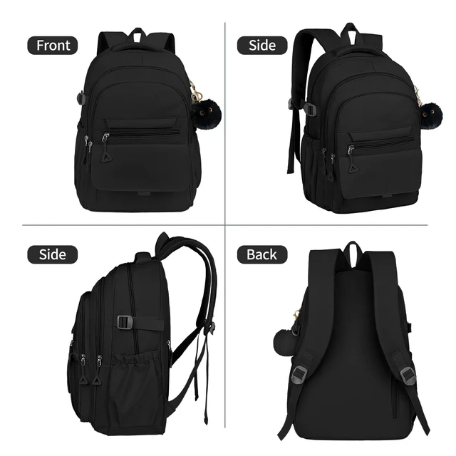 Alt view image 5 of 6 - Teen Girls School Backpack - Lightweight Aesthetic Bookbag, Laptop Sleev | Spacious for A4 & 16" laptop, Black Oxford fabric, Padded straps, Multi-pocket, Side bottle holders for school, travel, work