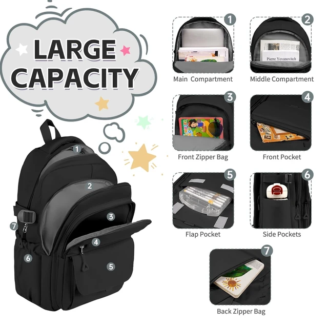 Alt view image 3 of 6 - Teen Girls School Backpack - Lightweight Aesthetic Bookbag, Laptop Sleev | Spacious for A4 & 16" laptop, Black Oxford fabric, Padded straps, Multi-pocket, Side bottle holders for school, travel, work