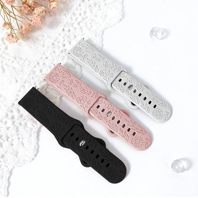 Alt view image 4 of 7 - 3 Pack 22mm Flower Pattern Bands Compatible with Garmin Venu 4 45mm/Venu 3/Venu 2/Vivoactive 4/Forerunner 745/265/255/255 Music, Soft Silicone Floral Engraved Sport Strap for Women Men
