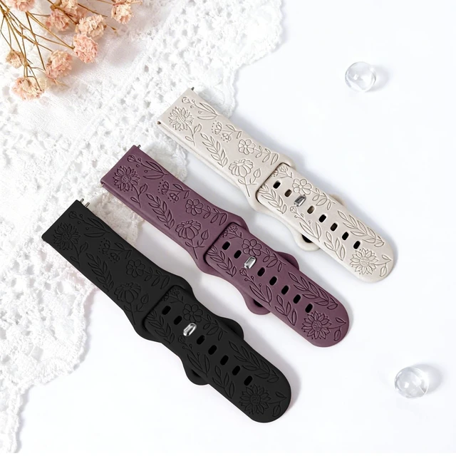 Alt view image 4 of 7 - 3 Pack 22mm Flower Pattern Bands Compatible with Garmin Venu 4 45mm/Venu 3/Venu 2/Vivoactive 4/Forerunner 745/265/255/255 Music, Soft Silicone Floral Engraved Sport Strap for Women Men