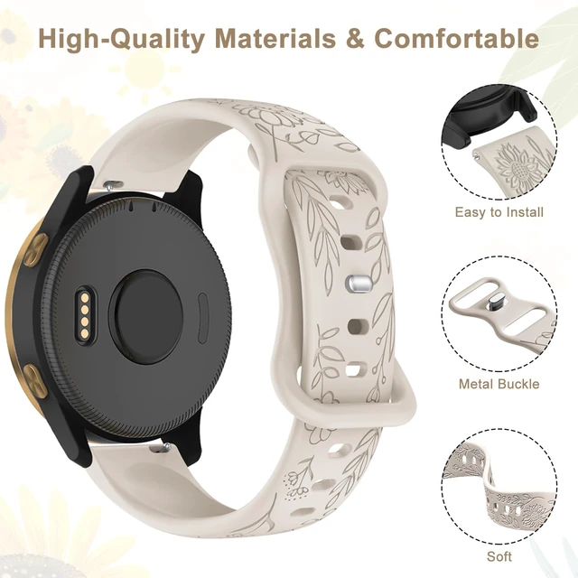 Alt view image 2 of 7 - 3 Pack 22mm Flower Pattern Bands Compatible with Garmin Venu 4 45mm/Venu 3/Venu 2/Vivoactive 4/Forerunner 745/265/255/255 Music, Soft Silicone Floral Engraved Sport Strap for Women Men