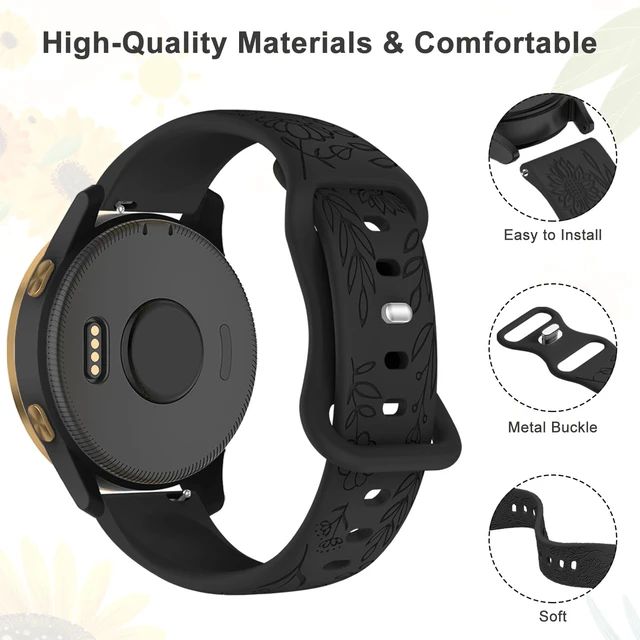 Alt view image 2 of 7 - 3 Pack 22mm Flower Pattern Bands Compatible with Garmin Venu 4 45mm/Venu 3/Venu 2/Vivoactive 4/Forerunner 745/265/255/255 Music, Soft Silicone Floral Engraved Sport Strap for Women Men