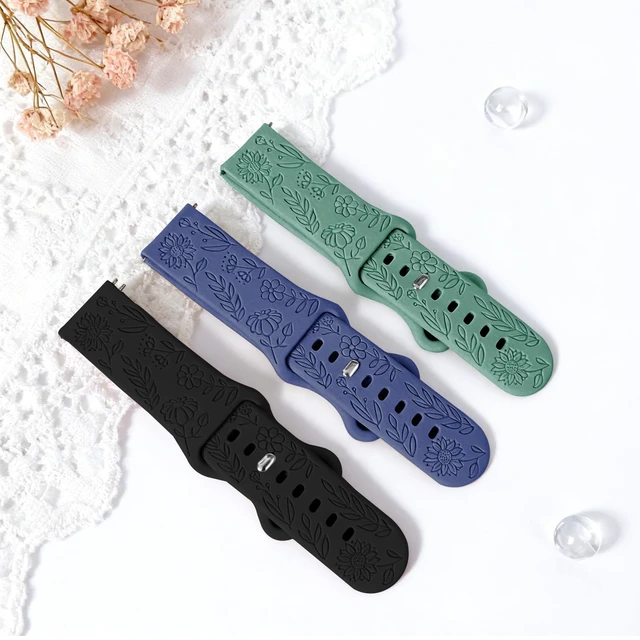 Alt view image 4 of 7 - 3 Pack 22mm Flower Pattern Bands Compatible with Garmin Venu 4 45mm/Venu 3/Venu 2/Vivoactive 4/Forerunner 745/265/255/255 Music, Soft Silicone Floral Engraved Sport Strap for Women Men