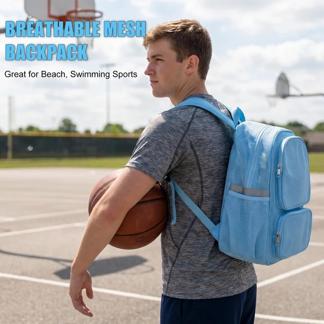 Alt view image 2 of 7 - Mesh Backpack with Laptop Compartment, Ergonomic Reflective Design, Blue | Semi-Transparent College Back Pack for Girls, Boys, For Commuting, Swimming, Travel, Beach, Outdoor Sports