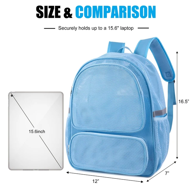 Alt view image 3 of 7 - Mesh Backpack with Laptop Compartment, Ergonomic Reflective Design, Blue | Semi-Transparent College Back Pack for Girls, Boys, For Commuting, Swimming, Travel, Beach, Outdoor Sports