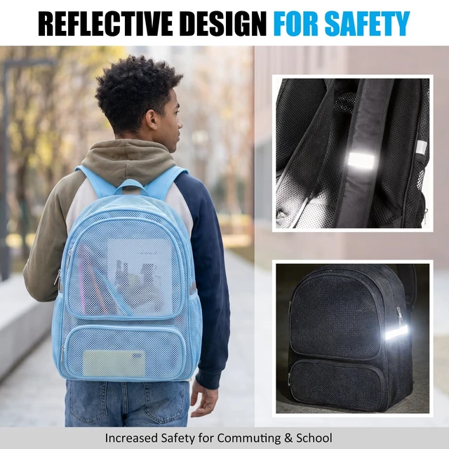 Alt view image 5 of 7 - Mesh Backpack with Laptop Compartment, Ergonomic Reflective Design, Blue | Semi-Transparent College Back Pack for Girls, Boys, For Commuting, Swimming, Travel, Beach, Outdoor Sports