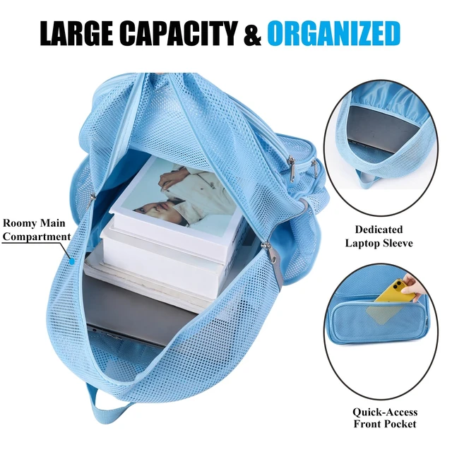 Alt view image 6 of 7 - Mesh Backpack with Laptop Compartment, Ergonomic Reflective Design, Blue | Semi-Transparent College Back Pack for Girls, Boys, For Commuting, Swimming, Travel, Beach, Outdoor Sports