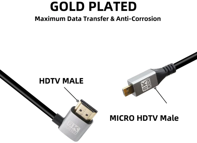 Alt view image 2 of 6 - 90 Degree Right Angle UHD 8K HDTV Male to Micro HDTV Male 18Gbps 2.1 Extended Cable Supports 8k@60Hz, 1080p, ARC, 3D, for DVR, HDTV, (Right Angle, 0.5m)