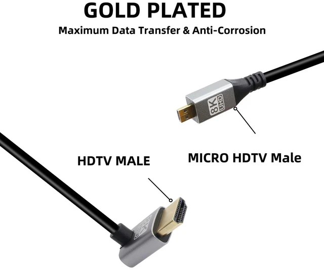 Alt view image 2 of 6 - 90 Degree Up Angle UHD 8K HDTV Male to Micro HDTV Male 18Gbps 2.1 Extended Cable Supports 8k@60Hz, 1080p, ARC, 3D, for DVR, HDTV, (Up Angle, 0.5m)