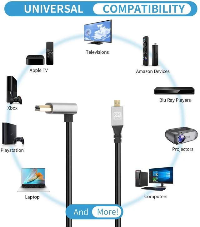 Alt view image 5 of 6 - 90 Degree Up Angle UHD 8K HDTV Male to Micro HDTV Male 18Gbps 2.1 Extended Cable Supports 8k@60Hz, 1080p, ARC, 3D, for DVR, HDTV, (Up Angle, 0.5m)