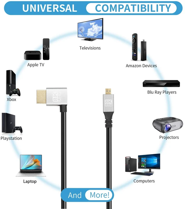 Alt view image 5 of 6 - 90 Degree Left Angle UHD 8K HDTV Male to Micro HDTV Male 18Gbps 2.1 Extended Cable Supports 8k@60Hz, 1080p, ARC, 3D, for DVR, HDTV, (Left Angle, 0.5m)