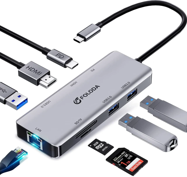 Main image of USB C HUB HDMI 4K@60Hz, 8-in-1 Docking Station, Multiports USB C Adapter with Gigabit Ethernet, PD 100W, 3*USBA 3.0, TF/SD, USB C Dock Compatible for MacBook Pro/Air, iPad Pro, iPhone 15, Dell, etc