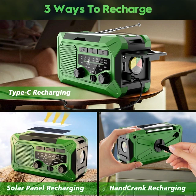 Alt view image 5 of 7 - Emergency Hand Crank Weather Radio,10000mAh AM/FM/NOAA Solar Powered Radio with Phone Charger, USB Charged, LED Flashlight Reading Lamp Headphone Jack, SOS Alarm