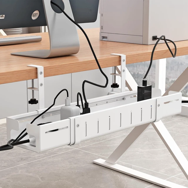 Main image of Under Desk Cable Management Tray, Expandable Length 25.2"-38.6",No Drill No Damage to Desk,Cable Tray with Clamp for with Wire Management,for Cord Organizer for Home Office Standing Desk, White