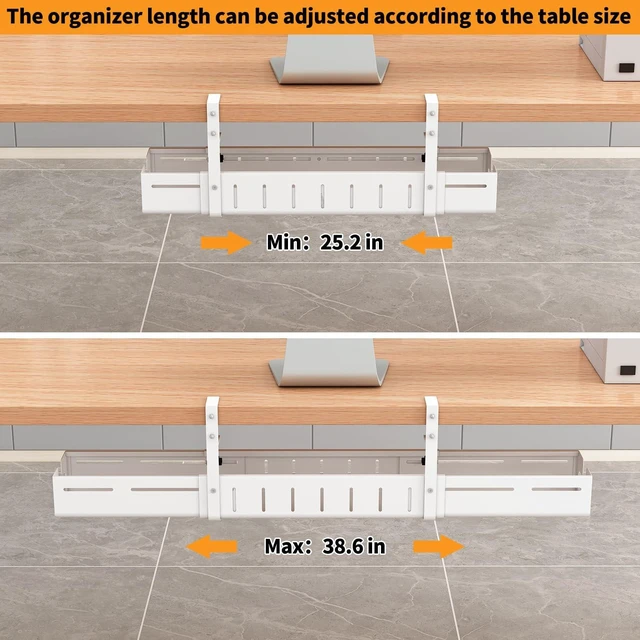 Alt view image 3 of 7 - Under Desk Cable Management Tray, Expandable Length 25.2"-38.6",No Drill No Damage to Desk,Cable Tray with Clamp for with Wire Management,for Cord Organizer for Home Office Standing Desk, White