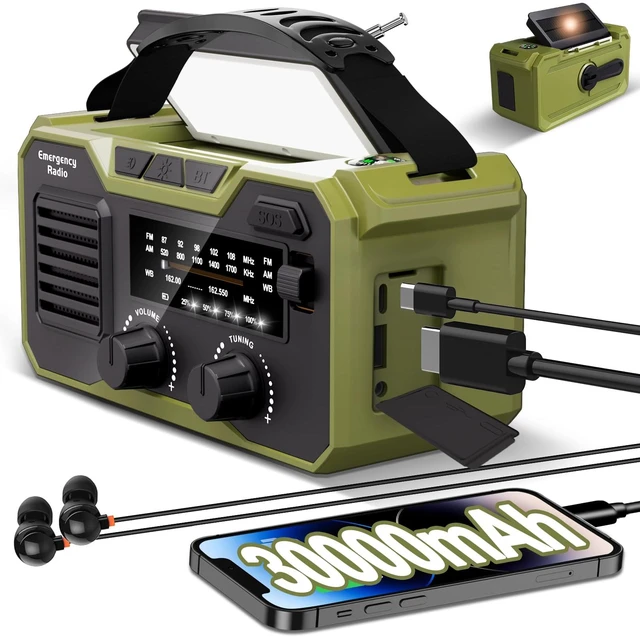Main image of 30000mAh Emergency Weather Radio, AM/FM/NOAA Weather Alert Radio Hand Crank/Solar/Type-C Fast Rechargeable Outdoor Radio with Reading Lamp/SOS Alarm/3 Mode Flashlight/Power Bank (Grassy Green)