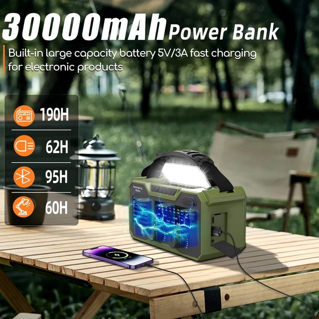 Alt view image 2 of 6 - 30000mAh Emergency Weather Radio, AM/FM/NOAA Weather Alert Radio Hand Crank/Solar/Type-C Fast Rechargeable Outdoor Radio with Reading Lamp/SOS Alarm/3 Mode Flashlight/Power Bank (Grassy Green)