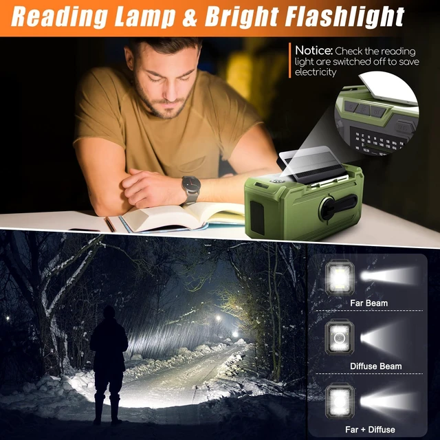 Alt view image 4 of 6 - 30000mAh Emergency Weather Radio, AM/FM/NOAA Weather Alert Radio Hand Crank/Solar/Type-C Fast Rechargeable Outdoor Radio with Reading Lamp/SOS Alarm/3 Mode Flashlight/Power Bank (Grassy Green)