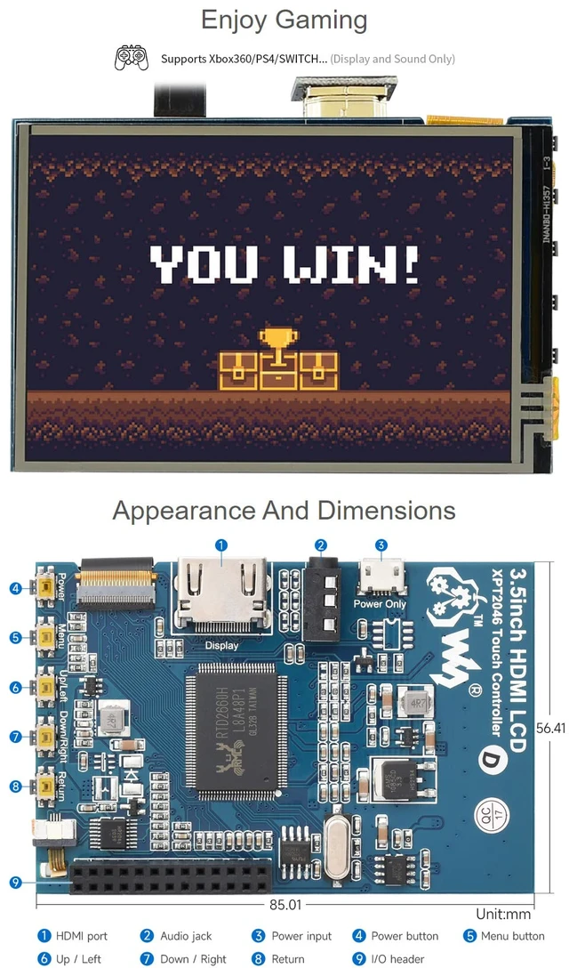 Alt view image 6 of 6 - 3.5inch Resistive Touch Screen LCD, Compatible with Raspberry Pi 5/4B/3B/Zero/Zero W/Zero 2W/Pico/Pico W/Pico WH, 480×320, HDMI, IPS, Supports Windows 11/10 / 8.1/8 / 7