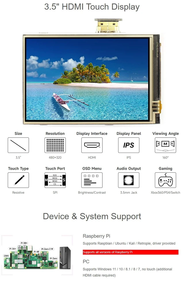 Alt view image 3 of 6 - 3.5inch Resistive Touch Screen LCD, Compatible with Raspberry Pi 5/4B/3B/Zero/Zero W/Zero 2W/Pico/Pico W/Pico WH, 480×320, HDMI, IPS, Supports Windows 11/10 / 8.1/8 / 7