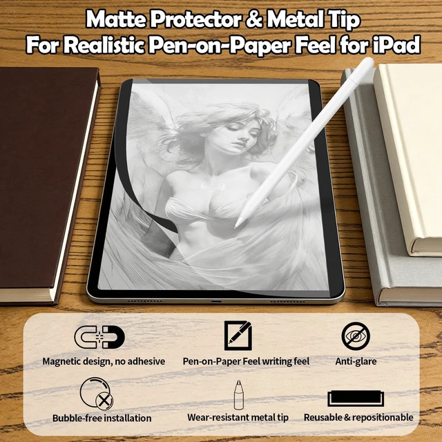 Alt view image 4 of 7 - Magnetic Reusable Paper-Feel Film for iPad Pro 11" M5/M4 (2025/2024), with 2 Extra Pencil Tips, Detachable Matte Screen Protector, Anti-Glare & Bubble-Free, Scratch Resistant & HD Clarity