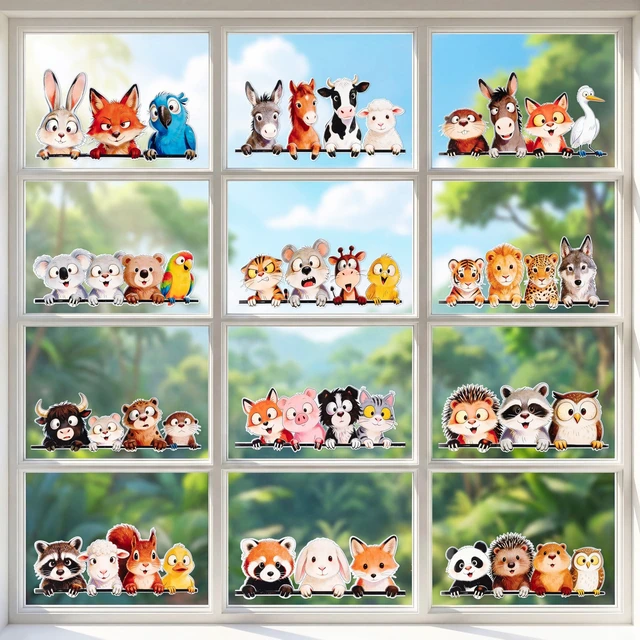 Main image of Funny Animal Wall Stickers - 12P Animal Vinyl Decals Large Size 13.8x7.5 Inch Waterproof Window Clings for Kids Room Nursery Living Room Decor, Cute Fox Car Decals for Vehicles