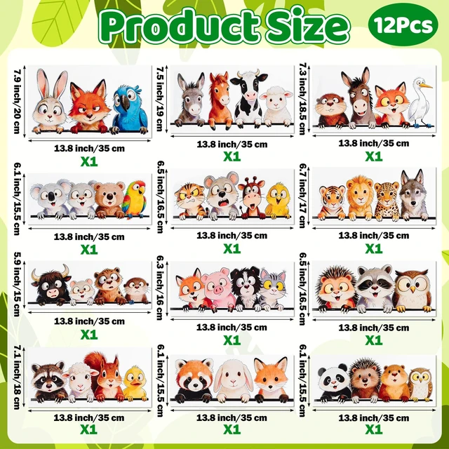Alt view image 2 of 6 - Funny Animal Wall Stickers - 12P Animal Vinyl Decals Large Size 13.8x7.5 Inch Waterproof Window Clings for Kids Room Nursery Living Room Decor, Cute Fox Car Decals for Vehicles