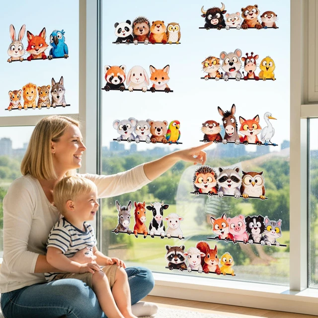 Alt view image 3 of 6 - Funny Animal Wall Stickers - 12P Animal Vinyl Decals Large Size 13.8x7.5 Inch Waterproof Window Clings for Kids Room Nursery Living Room Decor, Cute Fox Car Decals for Vehicles