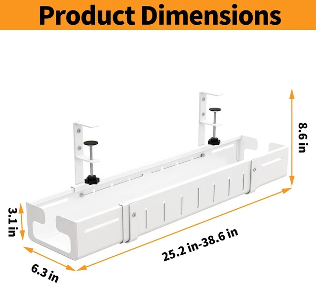 Alt view image 5 of 7 - Under Desk Cable Management Tray, Expandable Length 25.2"-38.6",No Drill No Damage to Desk,Cable Tray with Clamp for with Wire Management,for Cord Organizer for Home Office Standing Desk, White