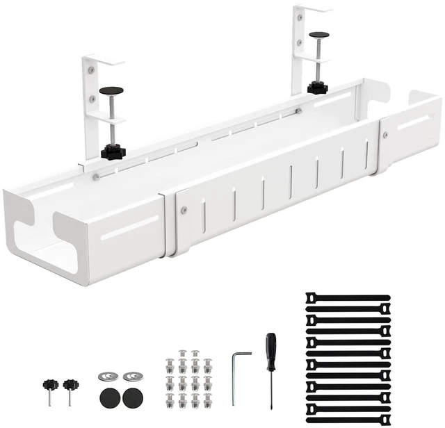 Alt view image 2 of 7 - Under Desk Cable Management Tray, Expandable Length 25.2"-38.6",No Drill No Damage to Desk,Cable Tray with Clamp for with Wire Management,for Cord Organizer for Home Office Standing Desk, White