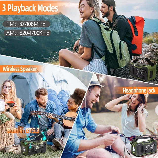 Alt view image 6 of 6 - 30000mAh Emergency Weather Radio, AM/FM/NOAA Weather Alert Radio Hand Crank/Solar/Type-C Fast Rechargeable Outdoor Radio with Reading Lamp/SOS Alarm/3 Mode Flashlight/Power Bank (Grassy Green)