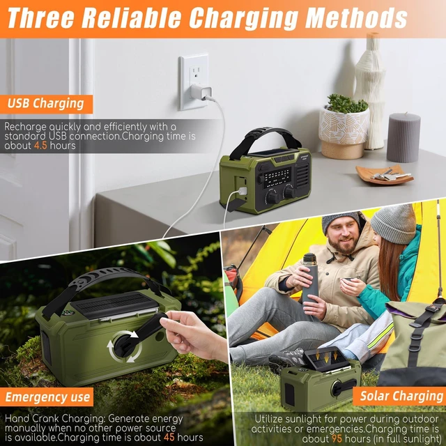 Alt view image 3 of 6 - 30000mAh Emergency Weather Radio, AM/FM/NOAA Weather Alert Radio Hand Crank/Solar/Type-C Fast Rechargeable Outdoor Radio with Reading Lamp/SOS Alarm/3 Mode Flashlight/Power Bank (Grassy Green)