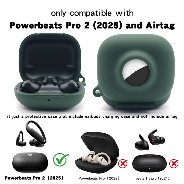 Alt view image 2 of 7 - Compatible for Beats Powerbeats Pro 2 Air Tag Case,2 in 1 Silicone Protective Skin Sleeve with Airtag Holder,Find Your Headphone Cover with Carabiner,Dark Green