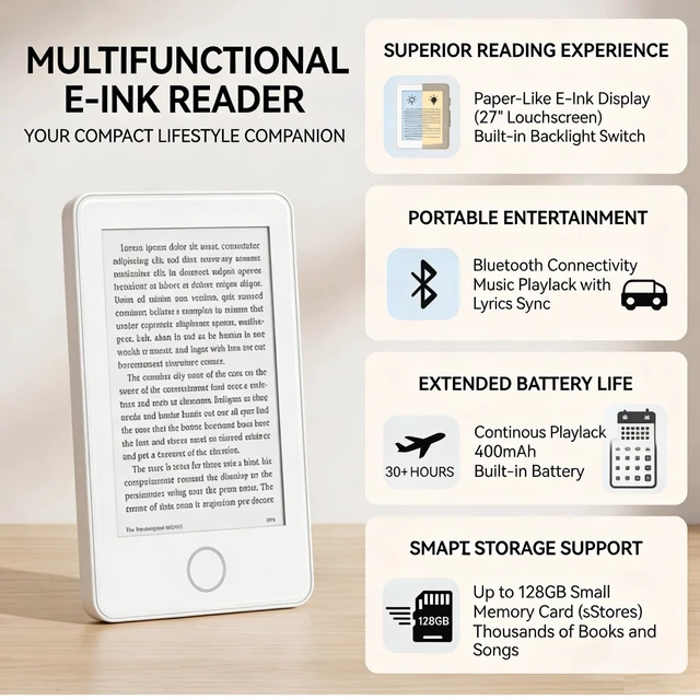 Alt view image 3 of 6 - Mini Ereader, Small Ink Ebook Reader with 2.7 Inch Touchscreen, Portable Electronic Book Reader BT MP3 Player for Book Reading, Music Playback, Long Battery Life