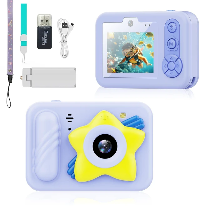 Main image of Waterproof Kids' Camera Cute - 48MP, 1080P Video, with 32GB SD Card Strap Stand, Fun Stickers & Frames, Ideal Compact Travel Swimming Snorkeling for 3-12 Years Old Girl Boy Child, Blue