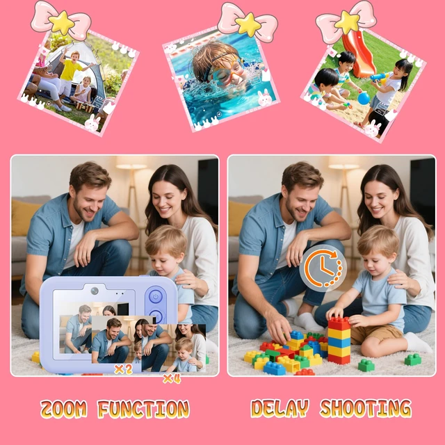 Alt view image 3 of 7 - Waterproof Kids' Camera Cute - 48MP, 1080P Video, with 32GB SD Card Strap Stand, Fun Stickers & Frames, Ideal Compact Travel Swimming Snorkeling for 3-12 Years Old Girl Boy Child, Blue