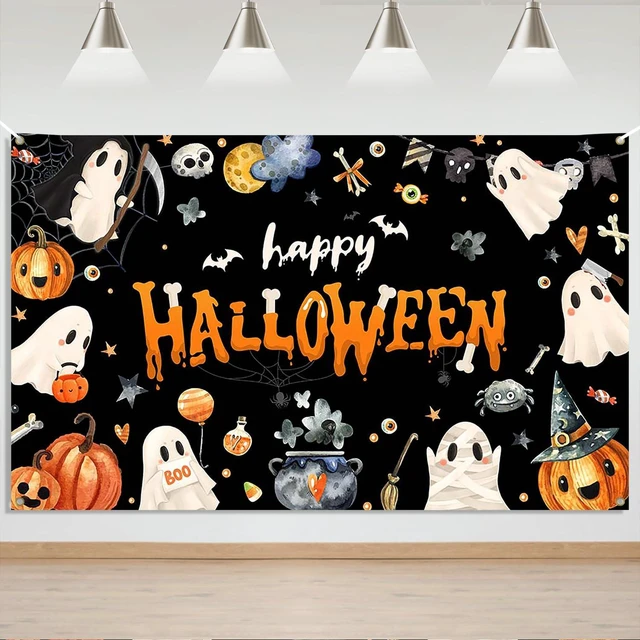 Main image of Happy Halloween Banner - Halloween Party Decorations for Kids, Cute Spooky Ghost Birthday Party Decorations Photo Studio Props Supplies 6x3.6ft