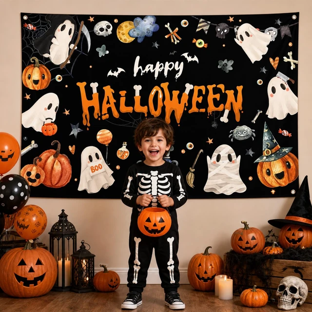 Alt view image 4 of 7 - Happy Halloween Banner - Halloween Party Decorations for Kids, Cute Spooky Ghost Birthday Party Decorations Photo Studio Props Supplies 6x3.6ft