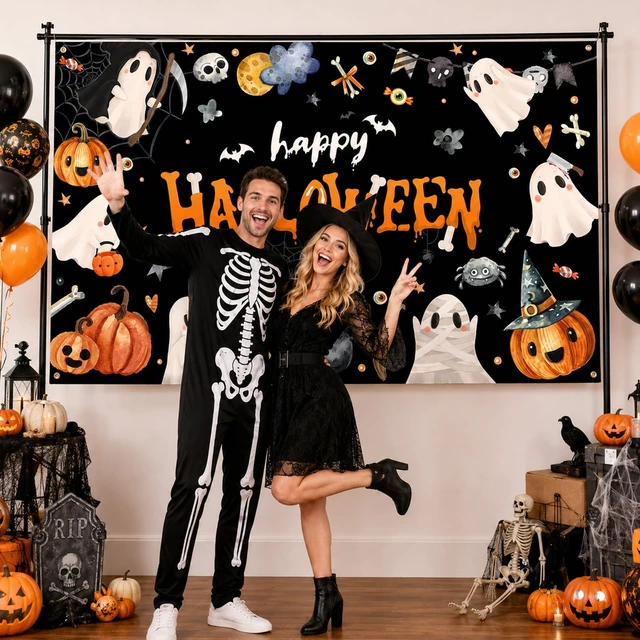 Alt view image 3 of 7 - Happy Halloween Banner - Halloween Party Decorations for Kids, Cute Spooky Ghost Birthday Party Decorations Photo Studio Props Supplies 6x3.6ft