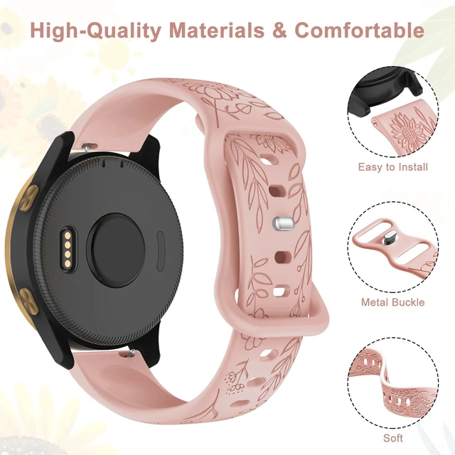 Alt view image 2 of 7 - 3 Pack 22mm Flower Pattern Bands Compatible with Garmin Venu 4 45mm/Venu 3/Venu 2/Vivoactive 4/Forerunner 745/265/255/255 Music, Soft Silicone Floral Engraved Sport Strap for Women Men