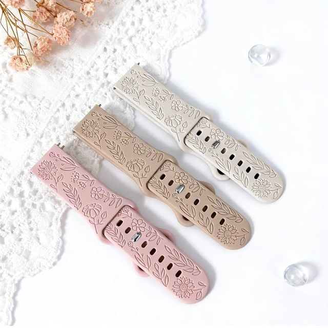 Alt view image 4 of 7 - 3 Pack 22mm Flower Pattern Bands Compatible with Garmin Venu 4 45mm/Venu 3/Venu 2/Vivoactive 4/Forerunner 745/265/255/255 Music, Soft Silicone Floral Engraved Sport Strap for Women Men